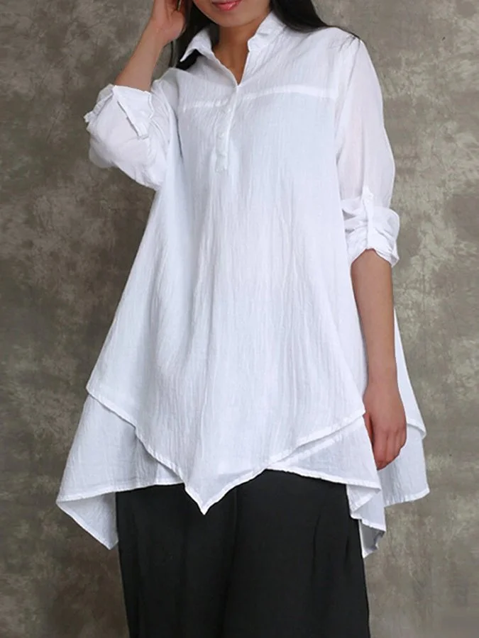 Solid Color Button  Irregular Hem Casual Shirt