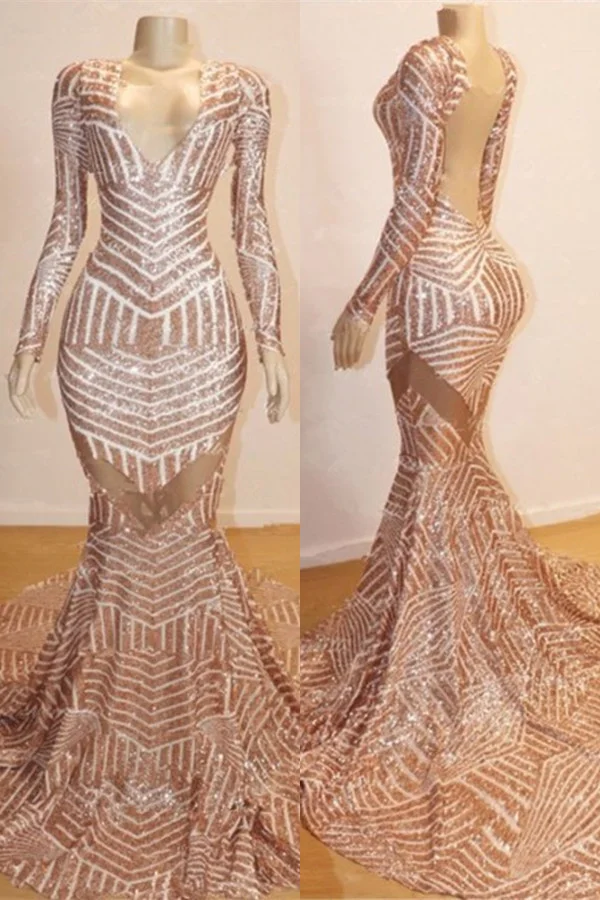 Stunning Long Sleeves Mermaid Prom Dress Sequins Backless - lulusllly