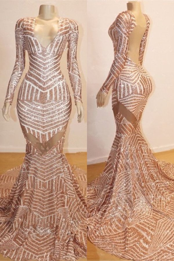 Luluslly Long Sleeves Mermaid Prom Dress Sequins Backless