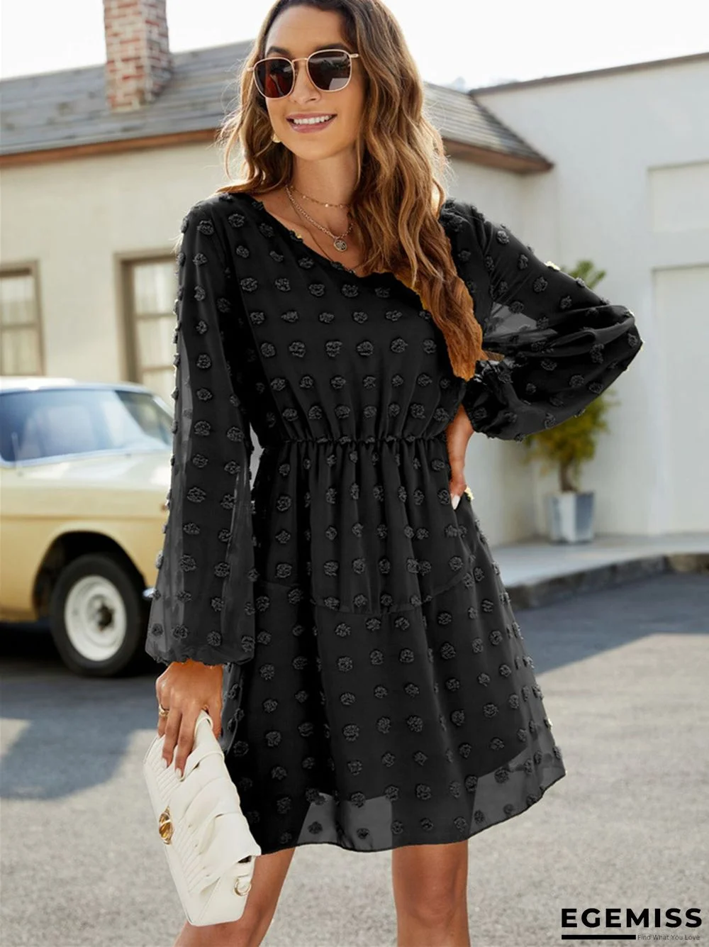 Dot A-line Skirt Ruffled V-neck Casual Loose Short Dress | EGEMISS