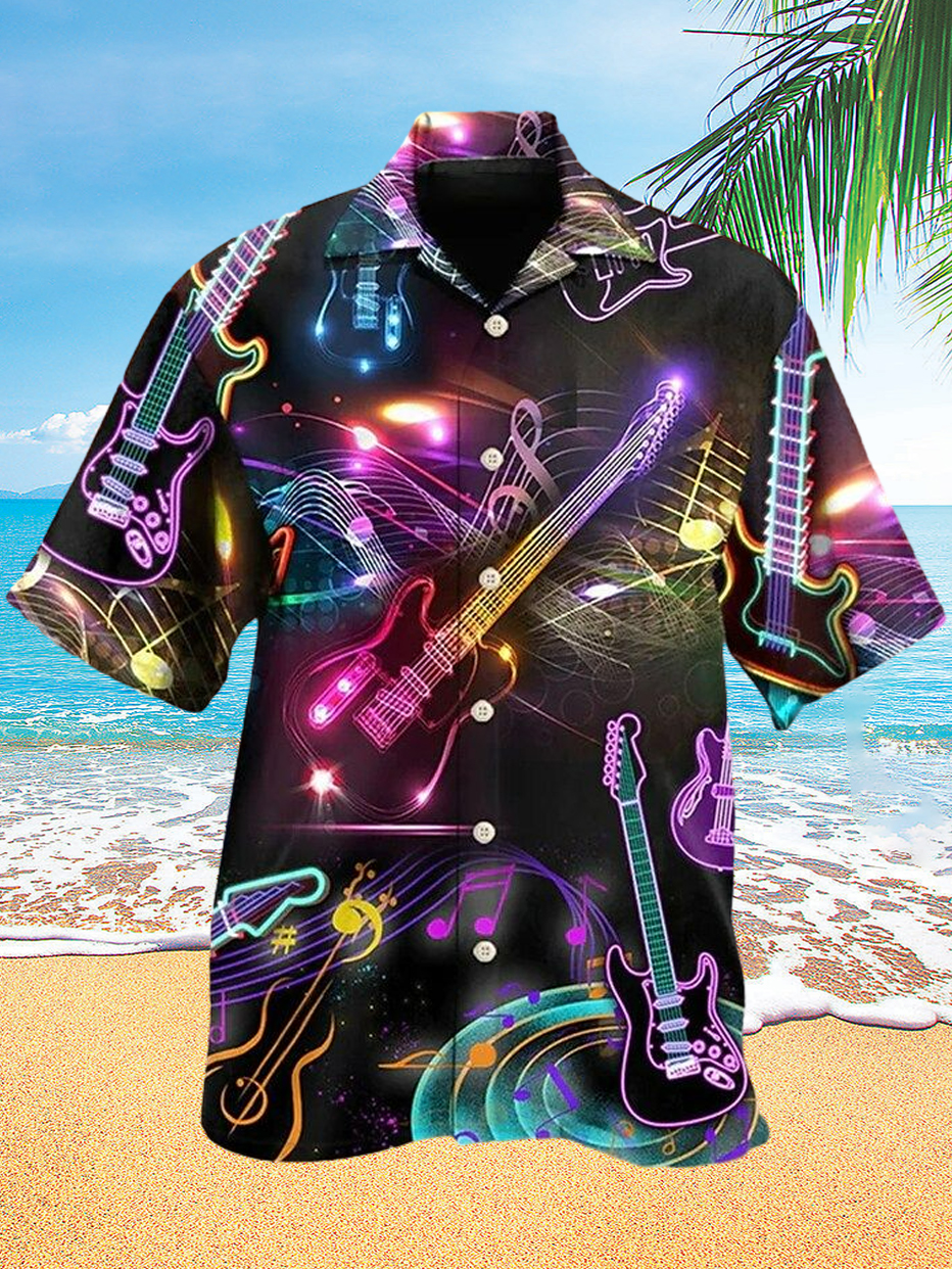 Neon Guitar Music Party Hawaii Vacation Men's Short Sleeve Cuban Collar Shirt PLUSCLOTHESMAN