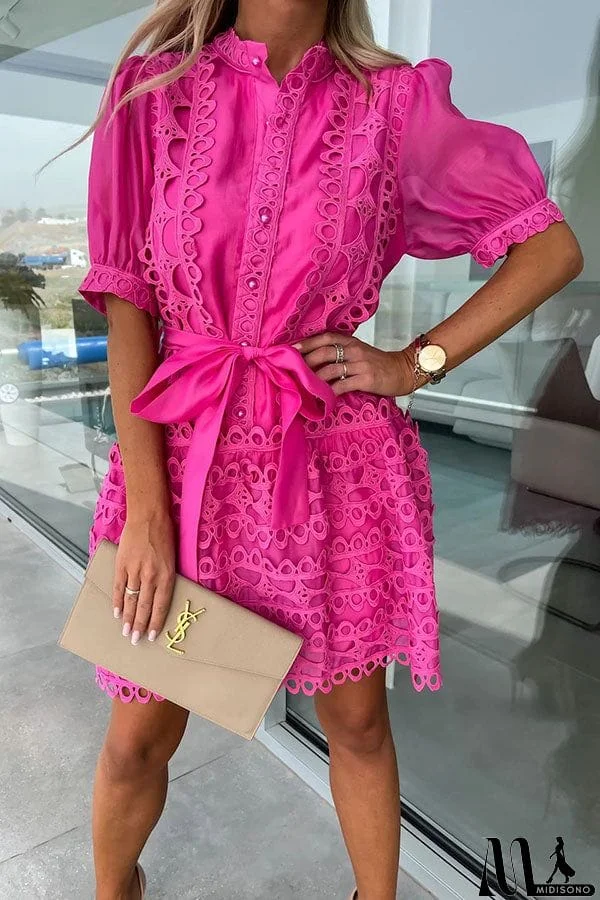 MidiSono - Crush on You Crochet Lace Bow Belt Mini Dress