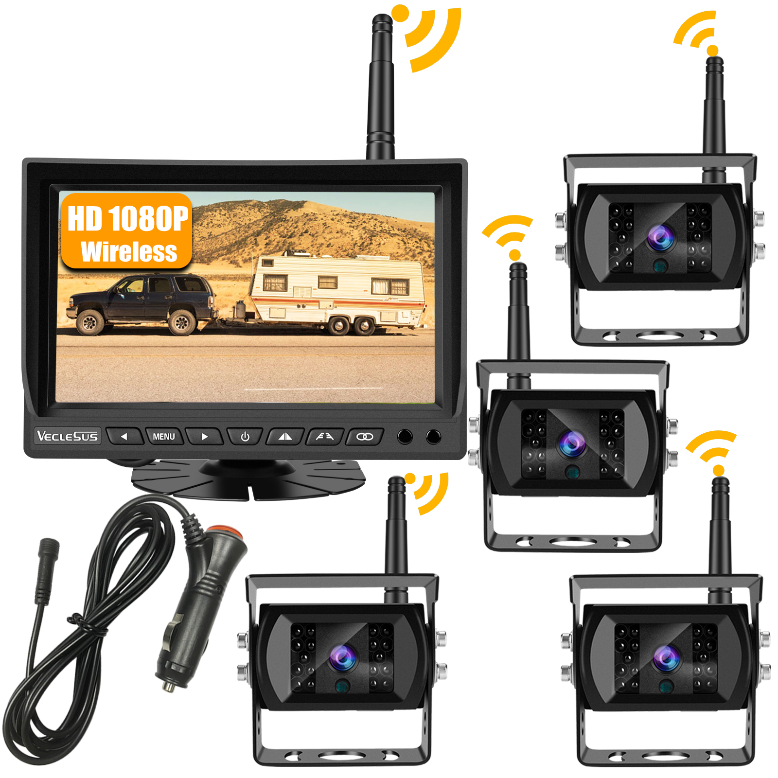 VECLESUS VMW7-4C 1080P Wireless Backup Camera Kit, 7” IPS HD Monitor & IP69K Waterproof High Speed Stable Transmission 4 Backup Cams for Trucks, RVs, Trailers, Bus, Harvester, Motorhome Large Vehicles GING UV FLASHLIGHT GING