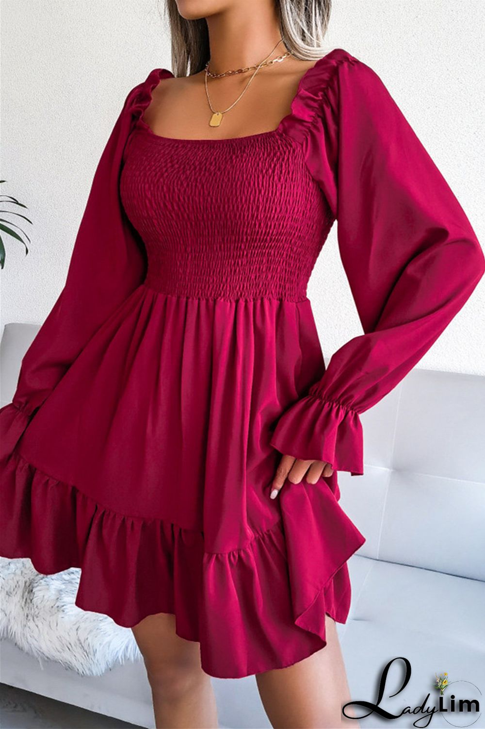 Burgundy Fashion Casual Solid Patchwork Square Collar Long Sleeve Dresses