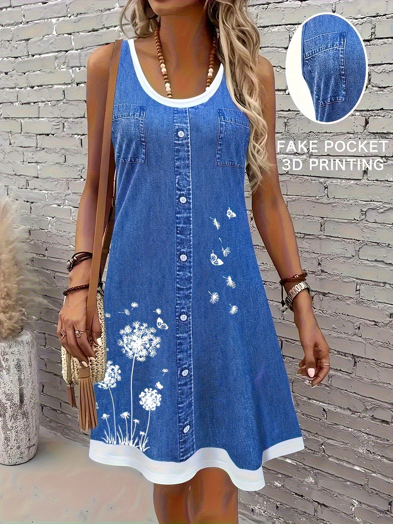 Women's Elegant Floral Print Sleeveless A-Line Dress- Round Neck, Blue& White Floral Pattern, Lightweight Breathable Fabric, Machine Washable, Spring/Summer Casual To Semi-Formal Wear, Floral Print Dress, Faked Pocket Design | IFYHOME