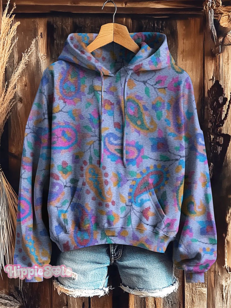 Women’s Bohemian Floral Art Prints Casual Pocket Hooded Sweatshirt Multicolor / S