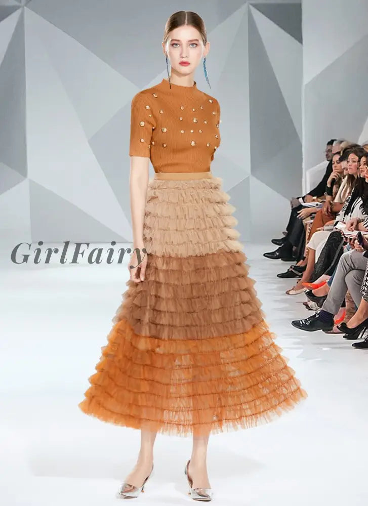 Womens Sexy O-Neck Knitted Sweater Tops Pullovers + High Waist Mesh Ruffles Skirts Suits Autumn