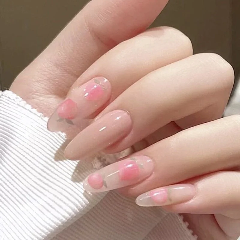 24pcs almond false nails Peach Pink Wear Long Paragraph Fashion Manicure Patch False Nails Save Time Wearable Nail Patch TN