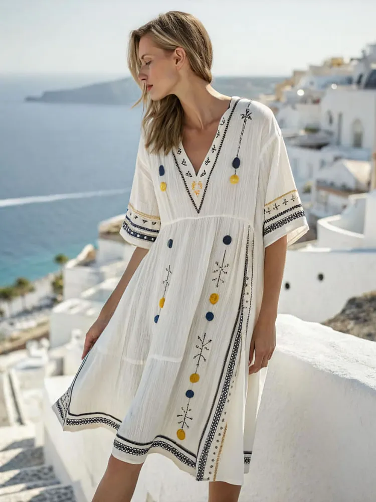 Ladies' V-neck Print with Loose and Casual Stitching Dress