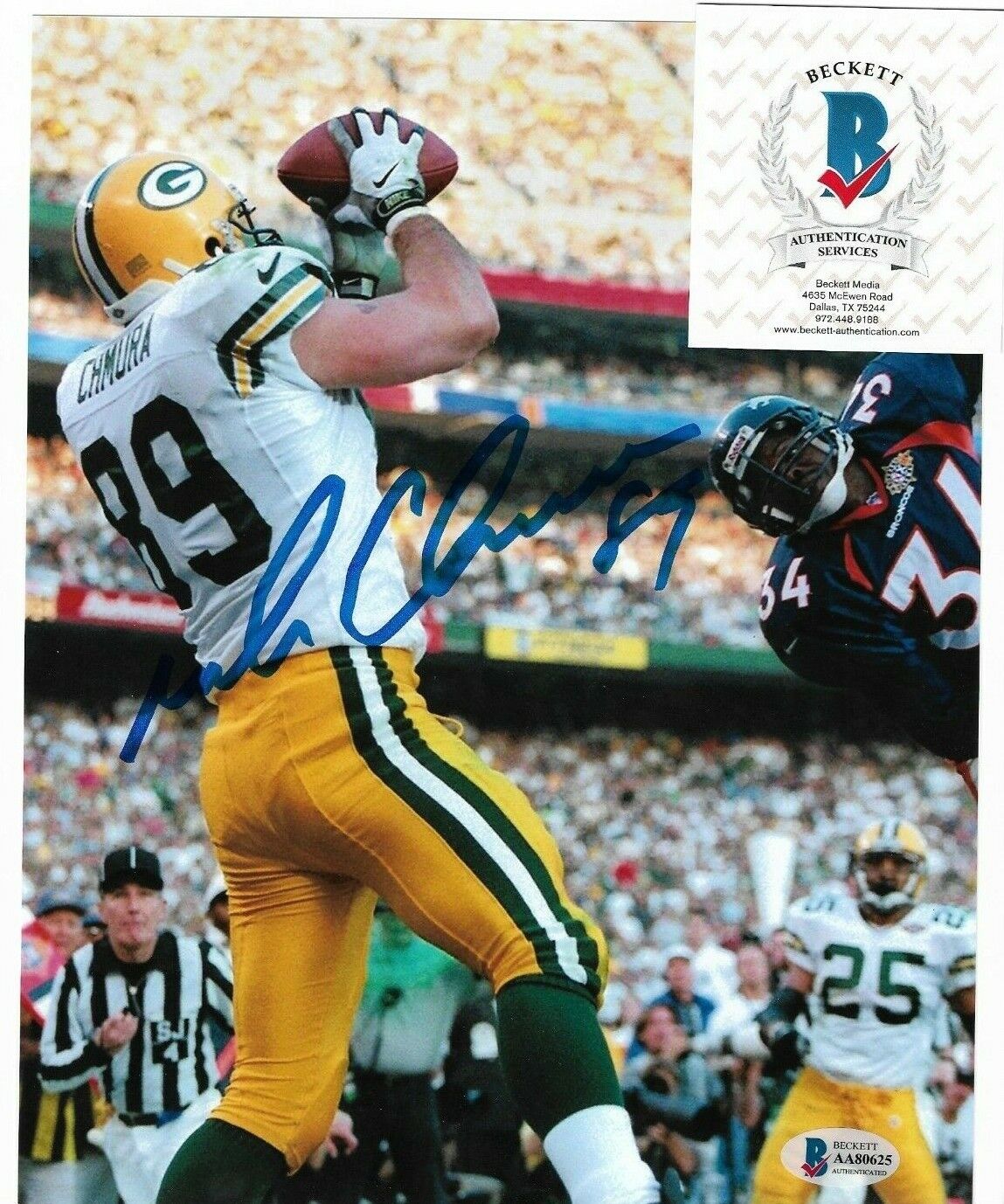 Autographed Green Bay Packers Football Mark Chmura Signed 8x10 Action Photo Poster painting BCOA