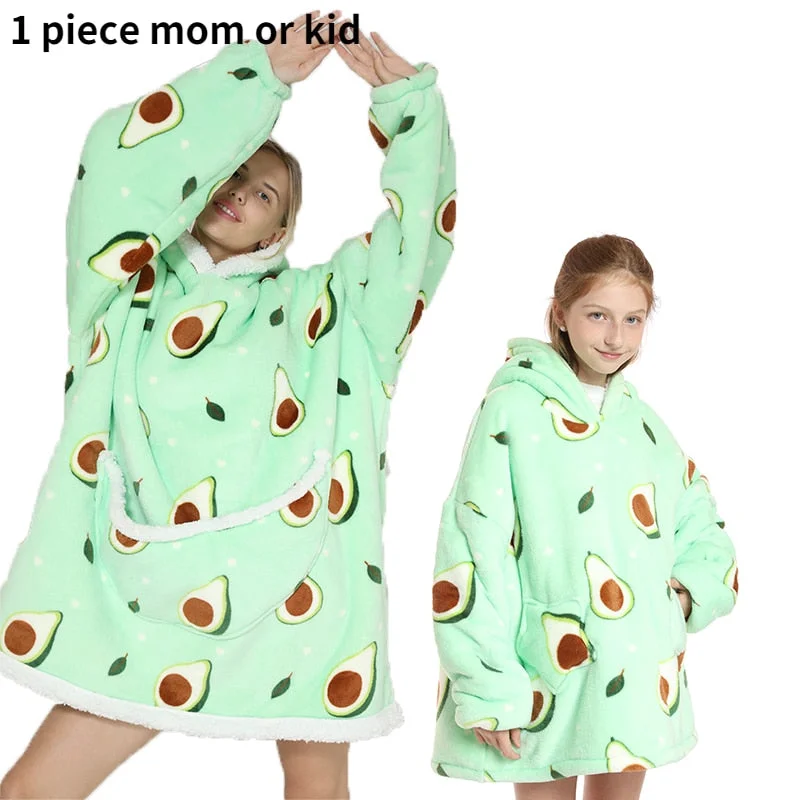 Sherpa Blanket Hoodie Family Oversized Homewear Fleece Warm Thick Girls Sleepwear Cartoon Printed Hoody Sweatshirt TV Blanket