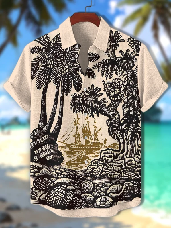 Men's Vintage Tropical Coconut Trees Boat Line Art Print Casual Shirt