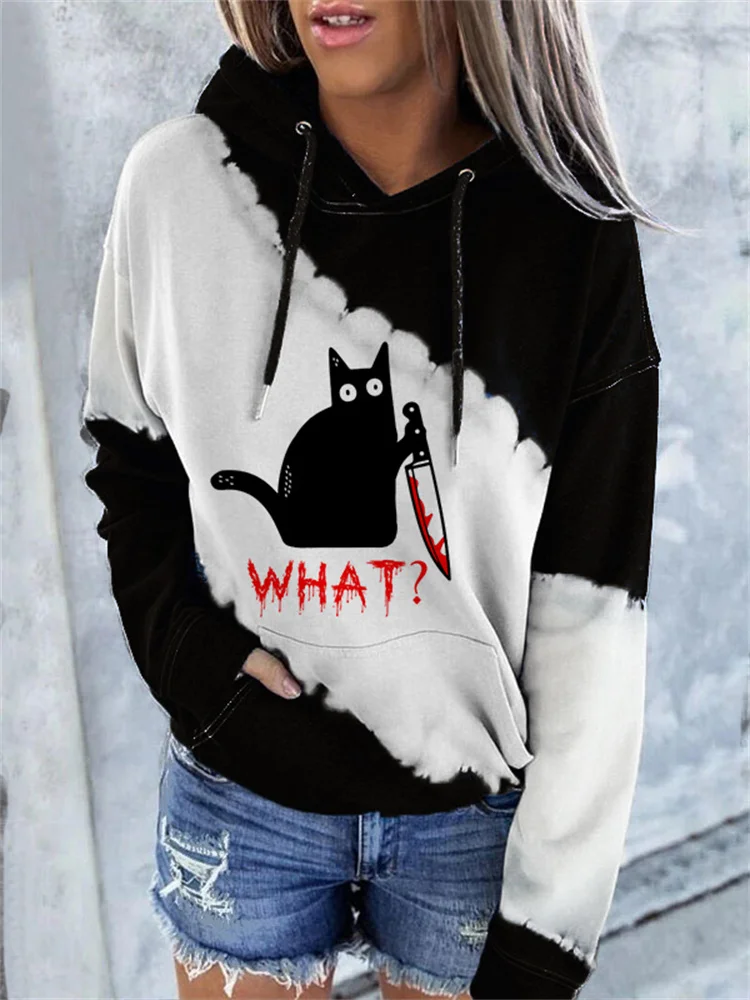 Wearshes Holding Knife Black Cat What Casual Hooded Sweatshirt