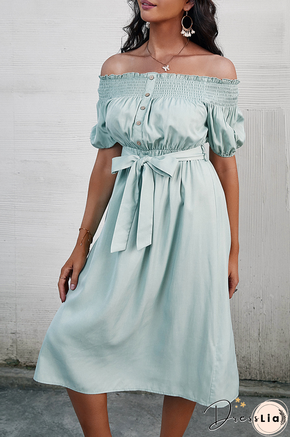 Fashion Elegant Solid Buckle With Belt Off The Shoulder A Line Dresses