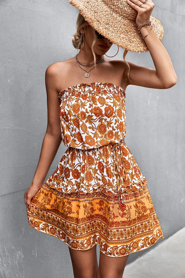 Women's Bohemian Floral Dress Strapless Mini Beach Dress