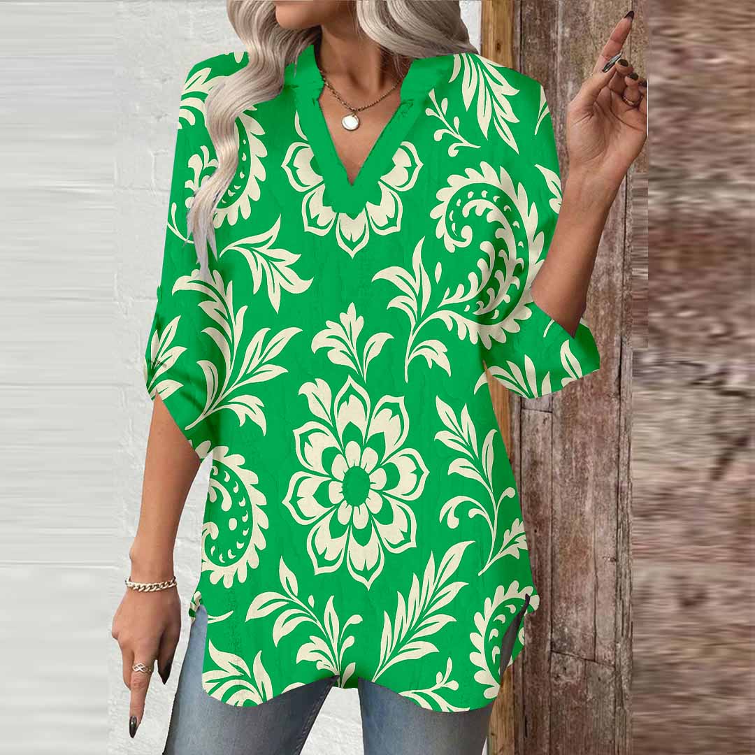 Women Floral, Green DZGA0162 3/4 Sleeve V-neck Printed Graphic Button Tops