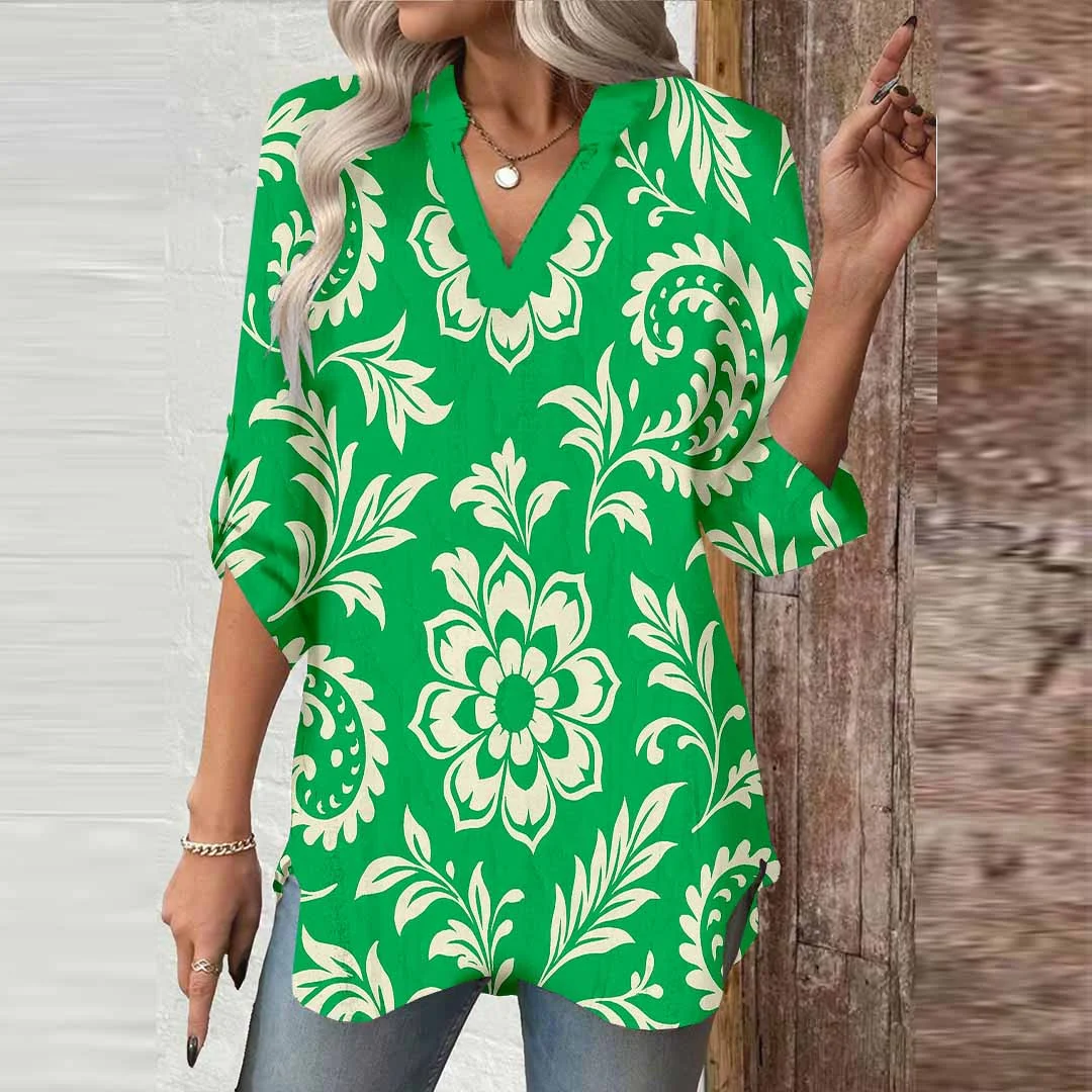 Women Floral, Green DZGA0162 3/4 Sleeve V-neck Printed Graphic Button Tops