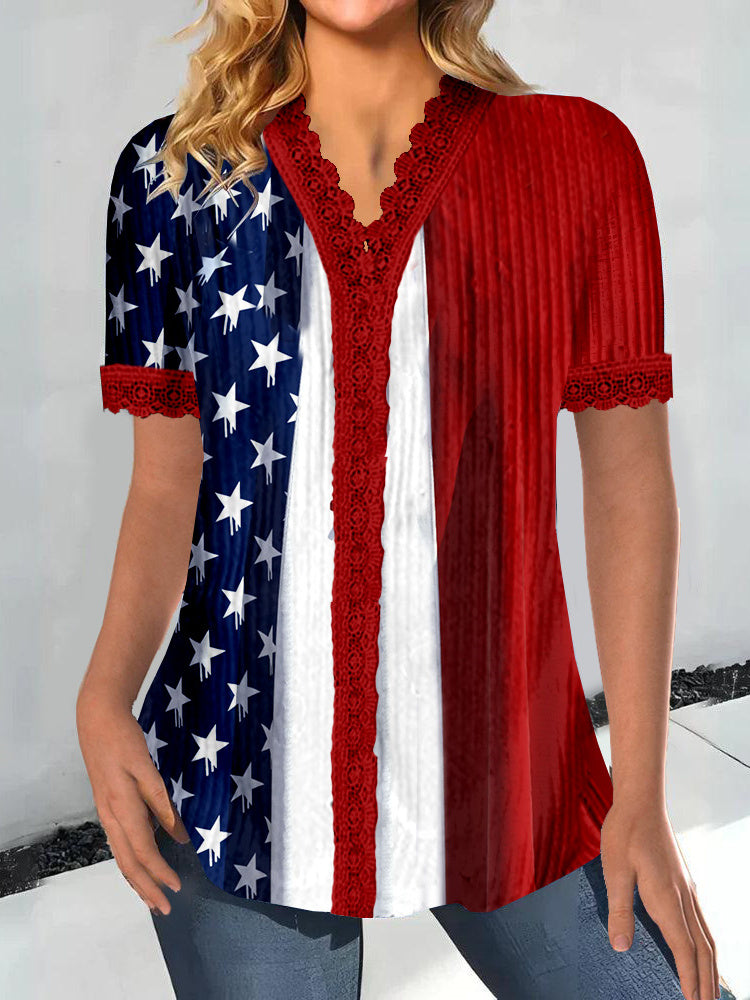 Women Short Sleeve V-neck National Flag Printed Printed Graphic Lace Tops