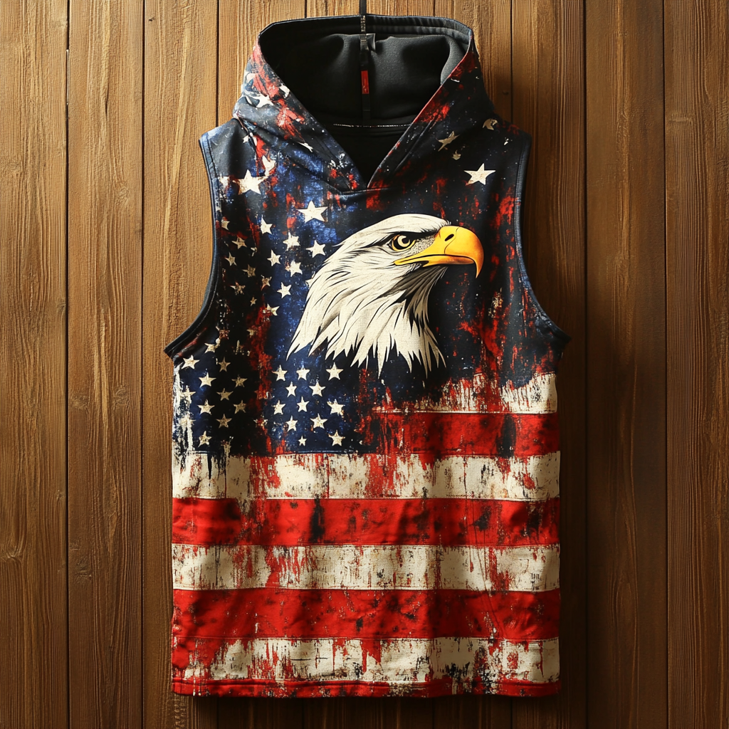 Comstylish Men's Flag And Bald Eagle Print Hooded Vest