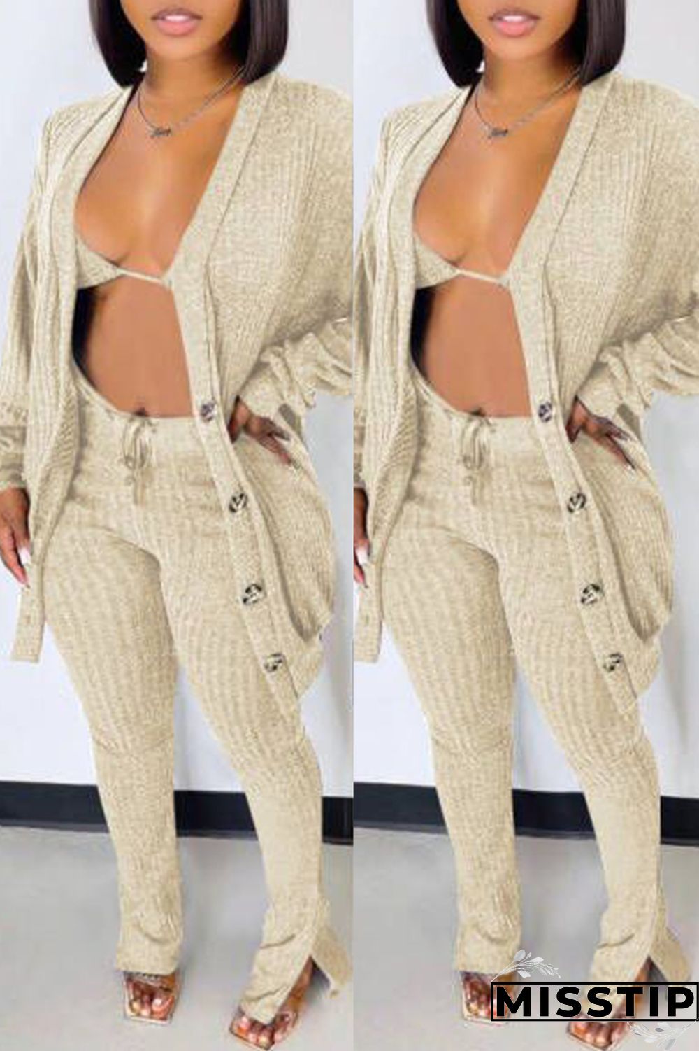 Blue Fashion Casual Solid Cardigan Vests Pants Long Sleeve Three-piece Set