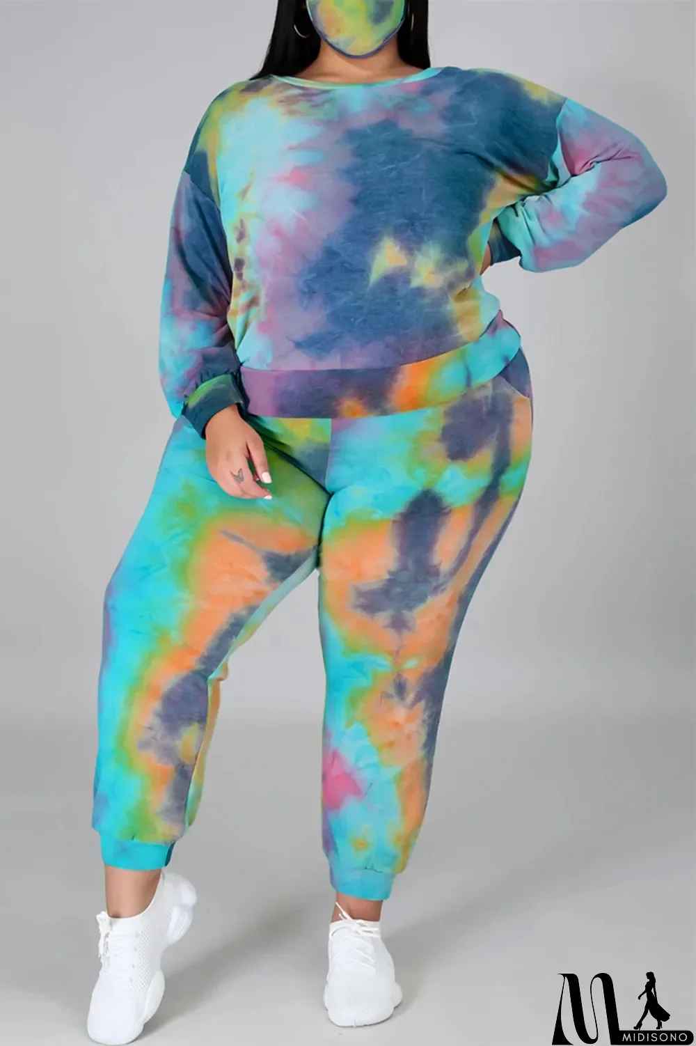 MidiSono - Multicolor Fashion Casual Print Tie Dye Backless O Neck Plus Size Two Pieces