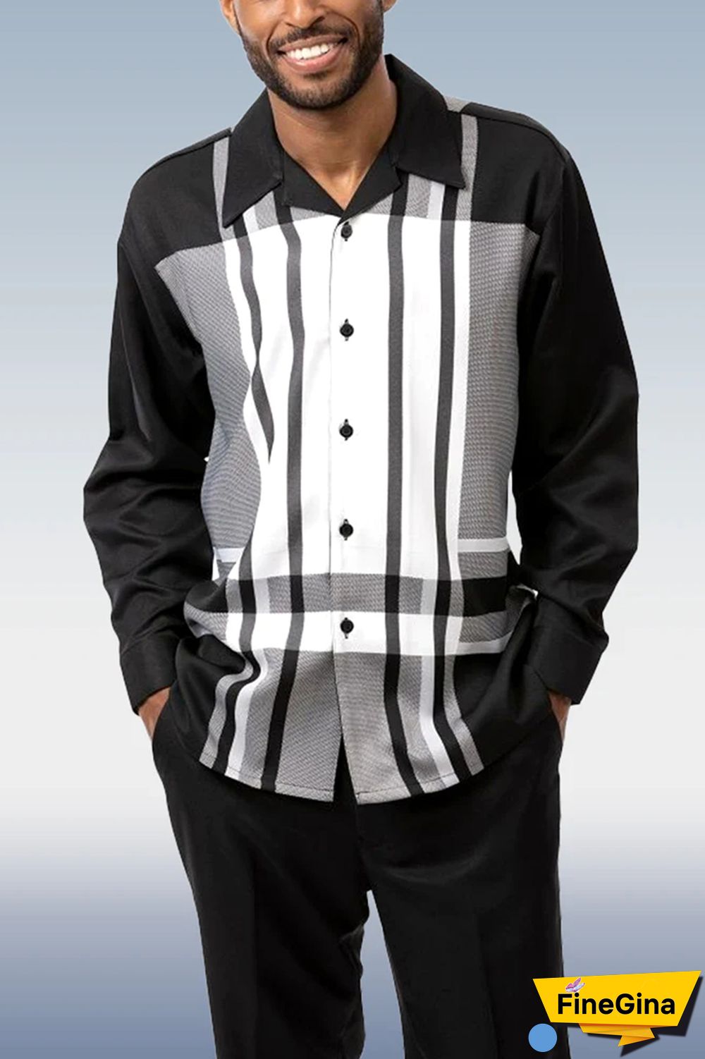 Black White Walking Suit Leisure Men Black Pattern Long Sleeve