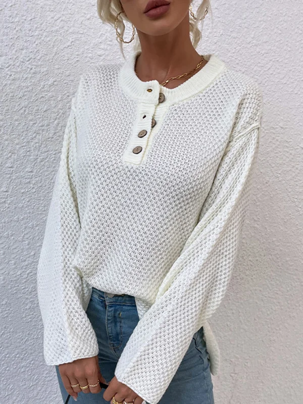Simple Loose 7 Colors Buttoned Round-Neck Long Sleeves Sweater Top