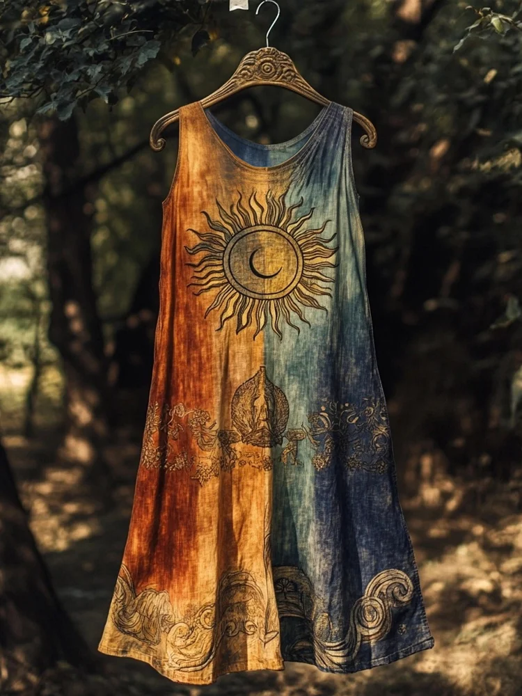 Simpfit Vintage Litha Sun Midsummer Art Nachahmung aus Baumwolle und Leinen Midi Tank Kleid