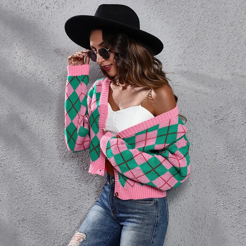 Rhombus Color Matching Diamond Loose Knit Cardigan Short Sweater