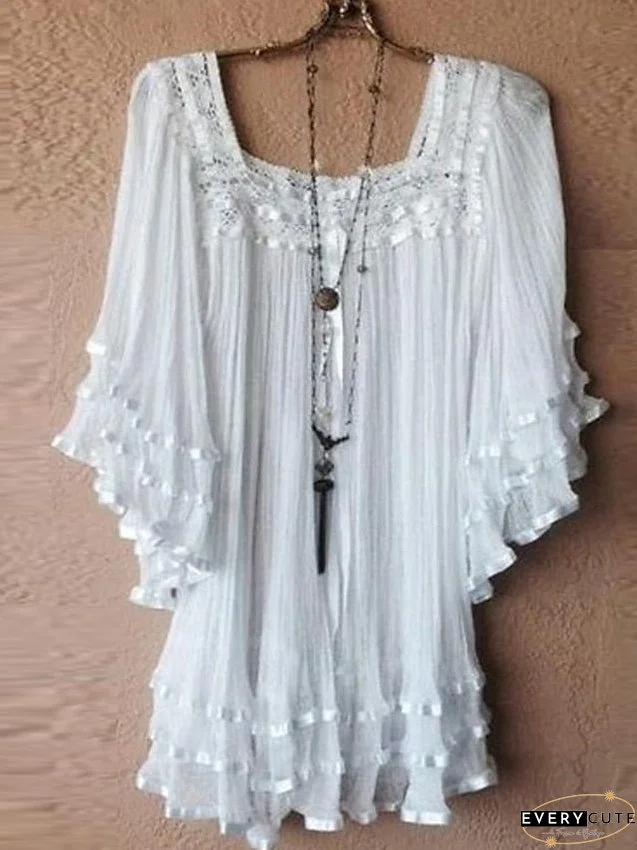 Women's Shirt Blouse White Yellow Plain Lace Half Sleeve Daily Holiday Holiday Casual Square Neck Regular Plus Size L