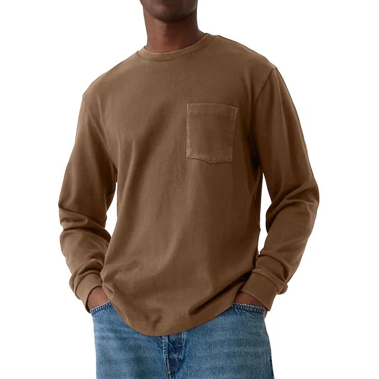 Men's Casual Round Neck Patch Pocket Loose Long Sleeve T-shirt 38238676M