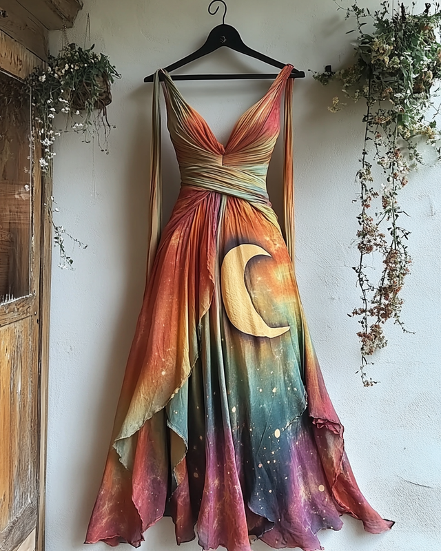 Summer Fashion Tie-Dye Star and Moon Embroidered Dress d4d7
