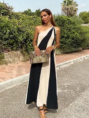 Iplaynox stylish dresses Women Chic Contrasting Striped Print Loose Long Dress Elegant Diagonal Collar Sleeveless Robes Summer Lady Holiday Vestidos 2025