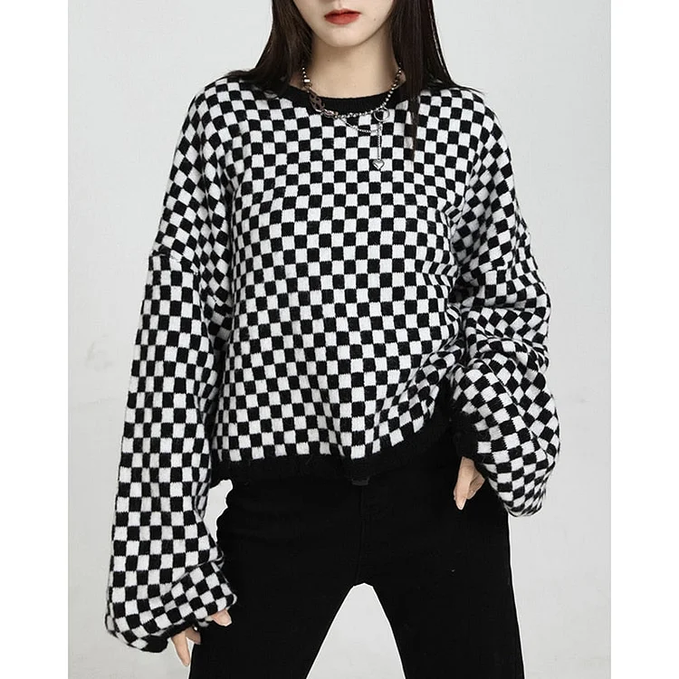 Fashion Crew Neck Checkerboard Long Sleeves Drawstring Hem Crop Pullover