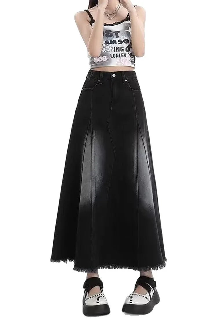 A - Line Denim Maxi Skirt with Raw Hem and Asymmetrical