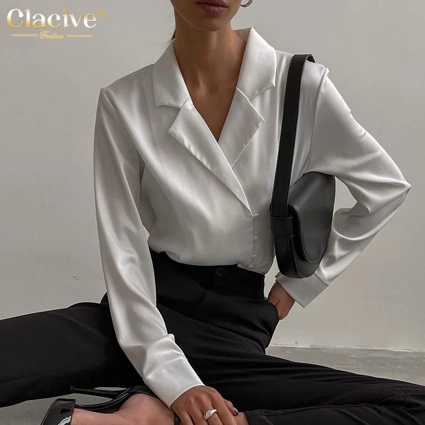 Christmas Gift  White Satin Lapel Women'S Blouse Autumn Long Sleeve Office Fashion Shirts Casual Chic Slim Blouses Top Female Buttons