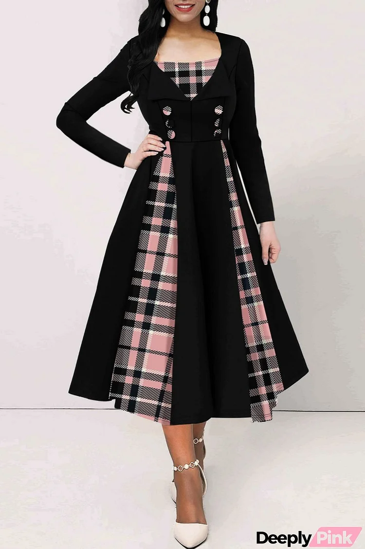 Casual Plaid Print Patchwork O Neck Long Sleeve Plus Size Dresses