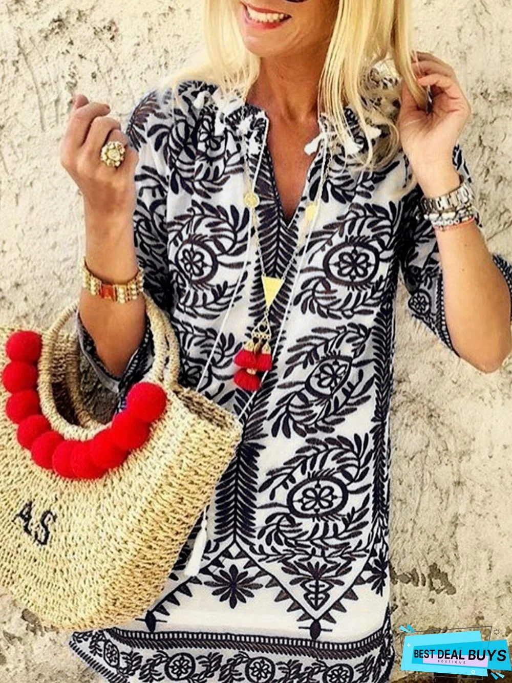 Half Sleeve Boho Vintage Casual Shift Weaving Tunic Dress
