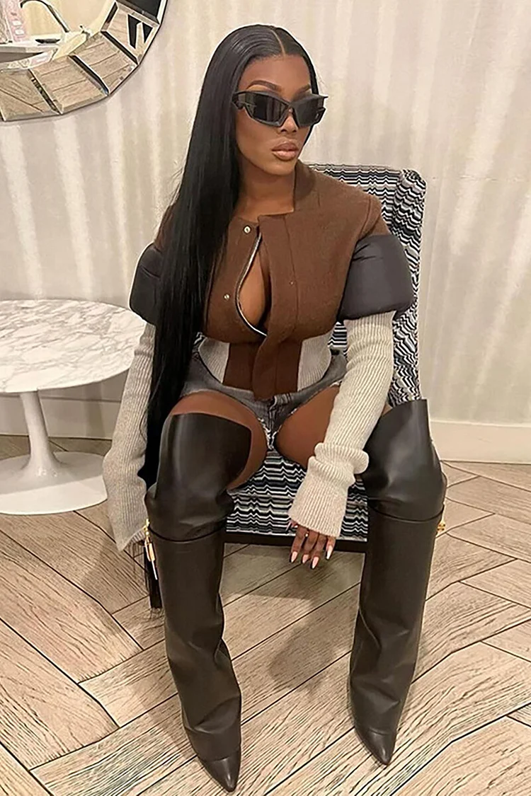 Knit Patchwork Button Up Long Sleeve Colorblock Jacket-Brown