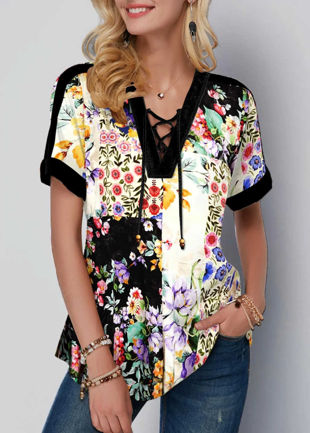 Lace Up Floral Print Multi Color Blouse