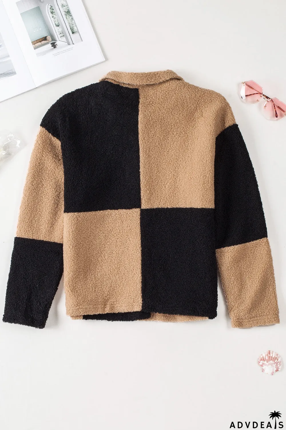 Colorblock Checkered Sherpa Jacket