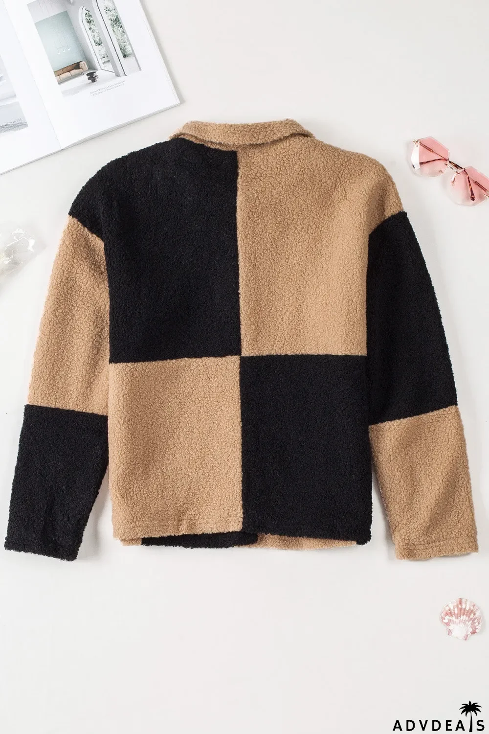 Colorblock Checkered Sherpa Jacket