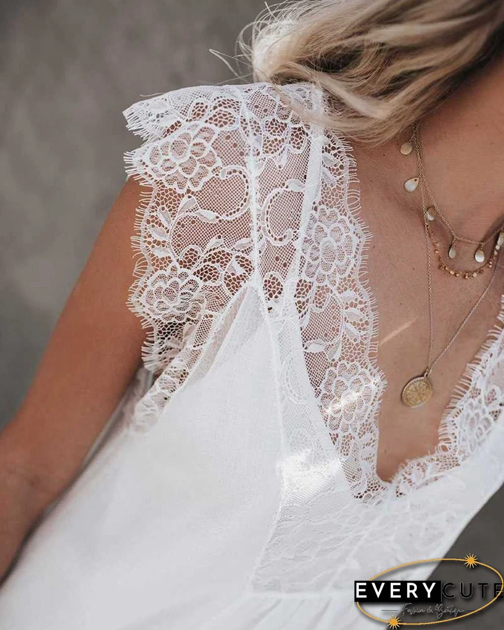 Two Piece Deep V Neck Sleeveless Lace Tank Top