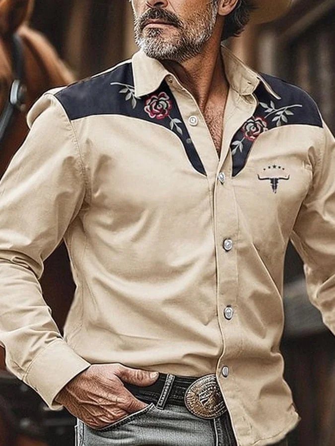 Men's Vintage Western Bucking Nomadic Floral Longhorn Print Long Sleeve Shirt