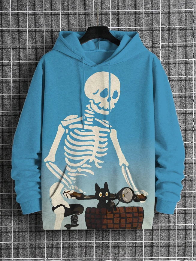 Men's Skeleton Cycling Black Cat Print Casual Hoodie