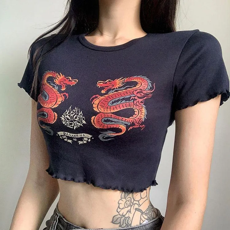 Dragon Print Slim T-Shirt - Modakawa Modakawa