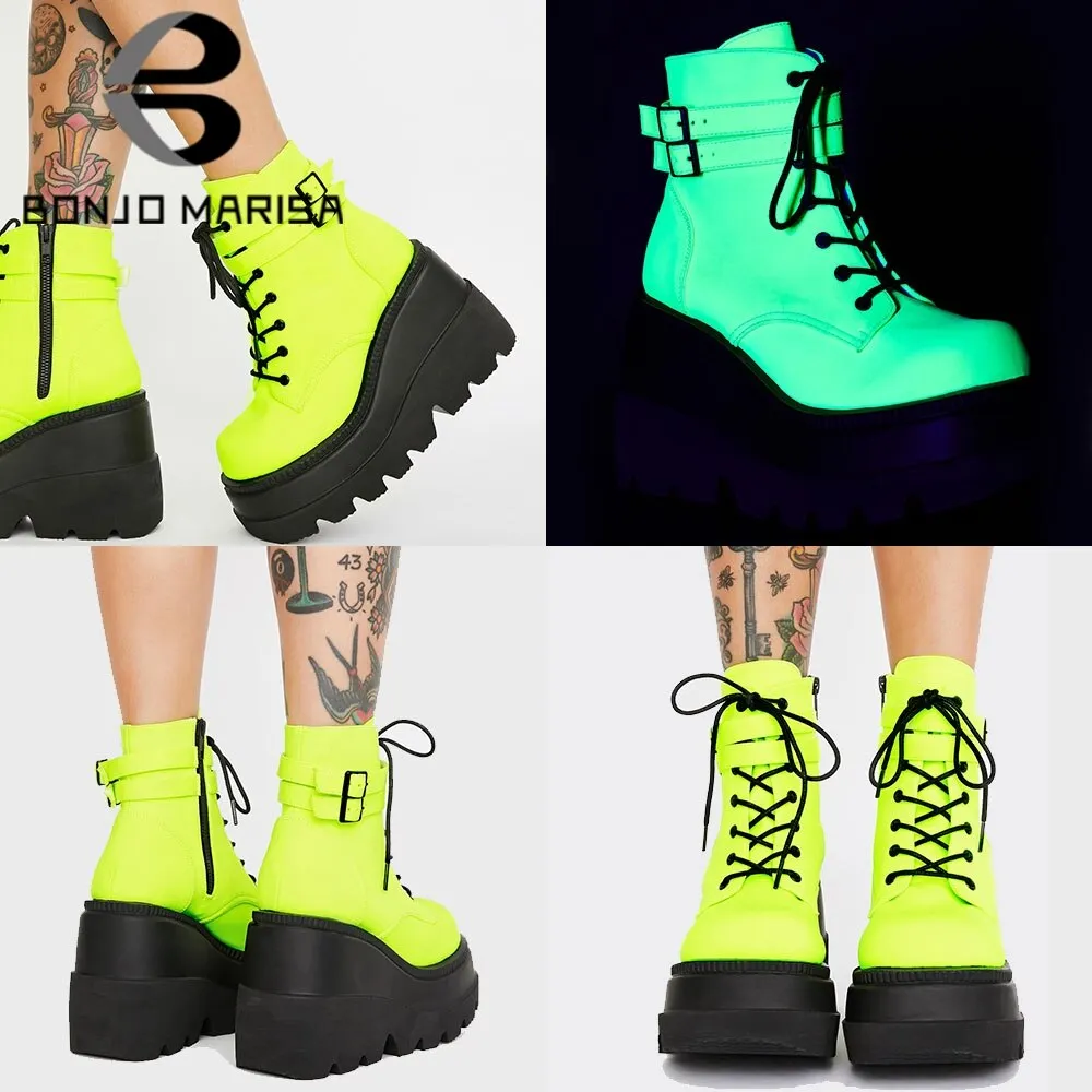 BONJOMARISA New Arrivals Brand Designer Platform Wedges Lace Up women's Boots Cool Street Punk Goth Fluorescent Treny Shoes Lady