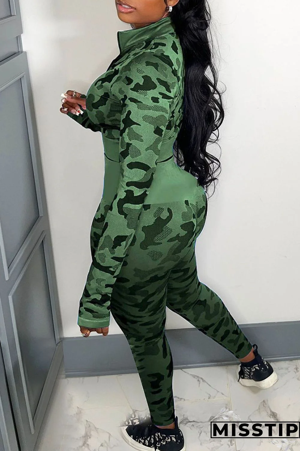 Blue Casual Camouflage Print Patchwork Zipper Long Sleeve Two Pieces