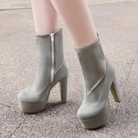 Women's chunky platform high heel mid calf boots