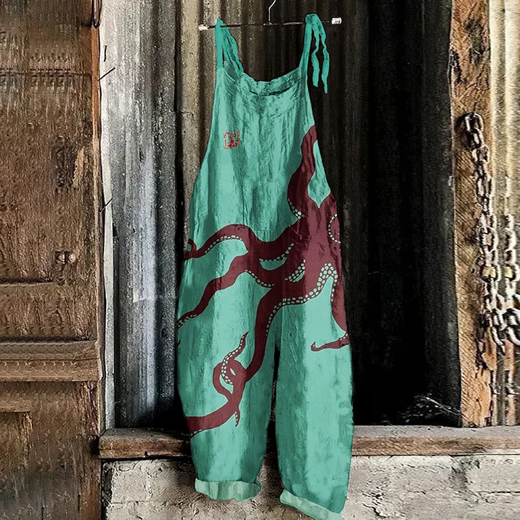 Japanese Art Octopus Print Casual Loose Jumpsuit